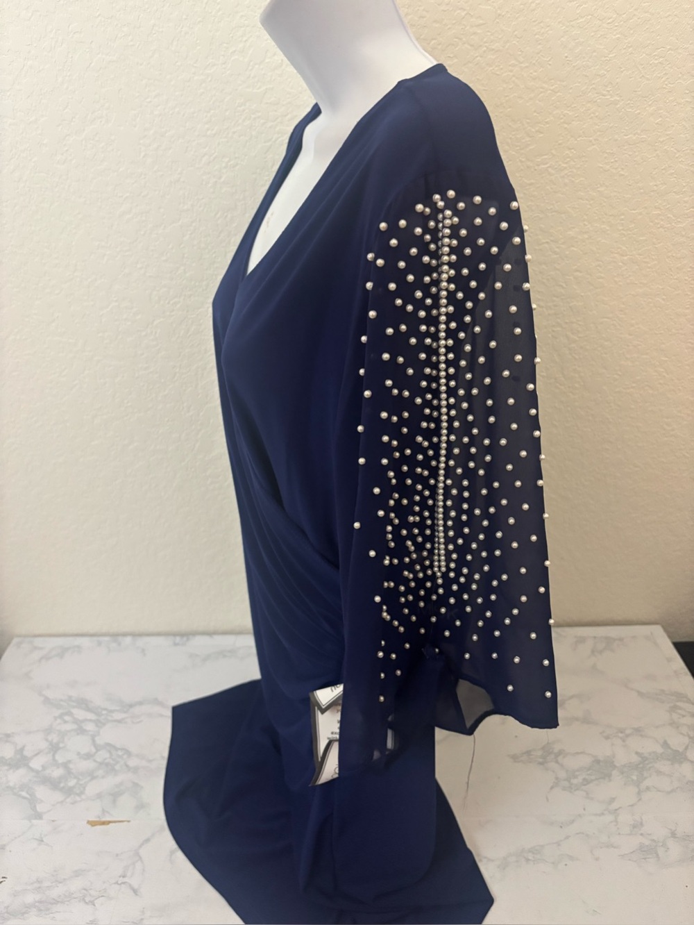 Msk Women's Blue Midi Dress Sz M Faux Wrap Pullover Beaded 3/4 Sleeve NWT - Picture 3 of 7